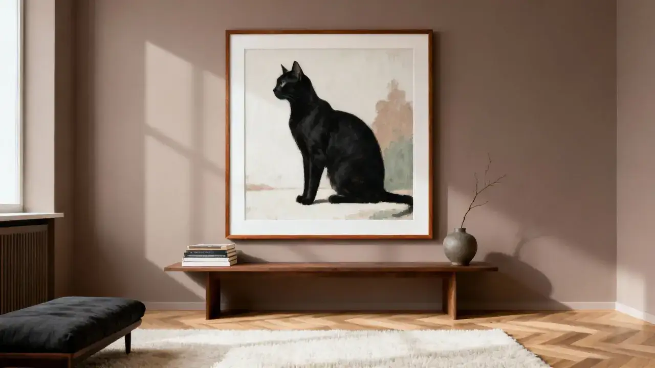 Un tableau de peintre chat noir, assis, tr&ocirc;ne au-dessus d'un banc en bois.