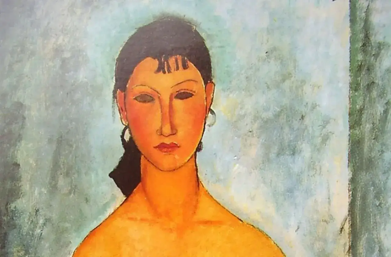 Un portrait de Modigliani d'une femme au regard intense, aux traits allong&eacute;s et &agrave; la peau dor&eacute;e, sur fond abstrait bleu et vert.