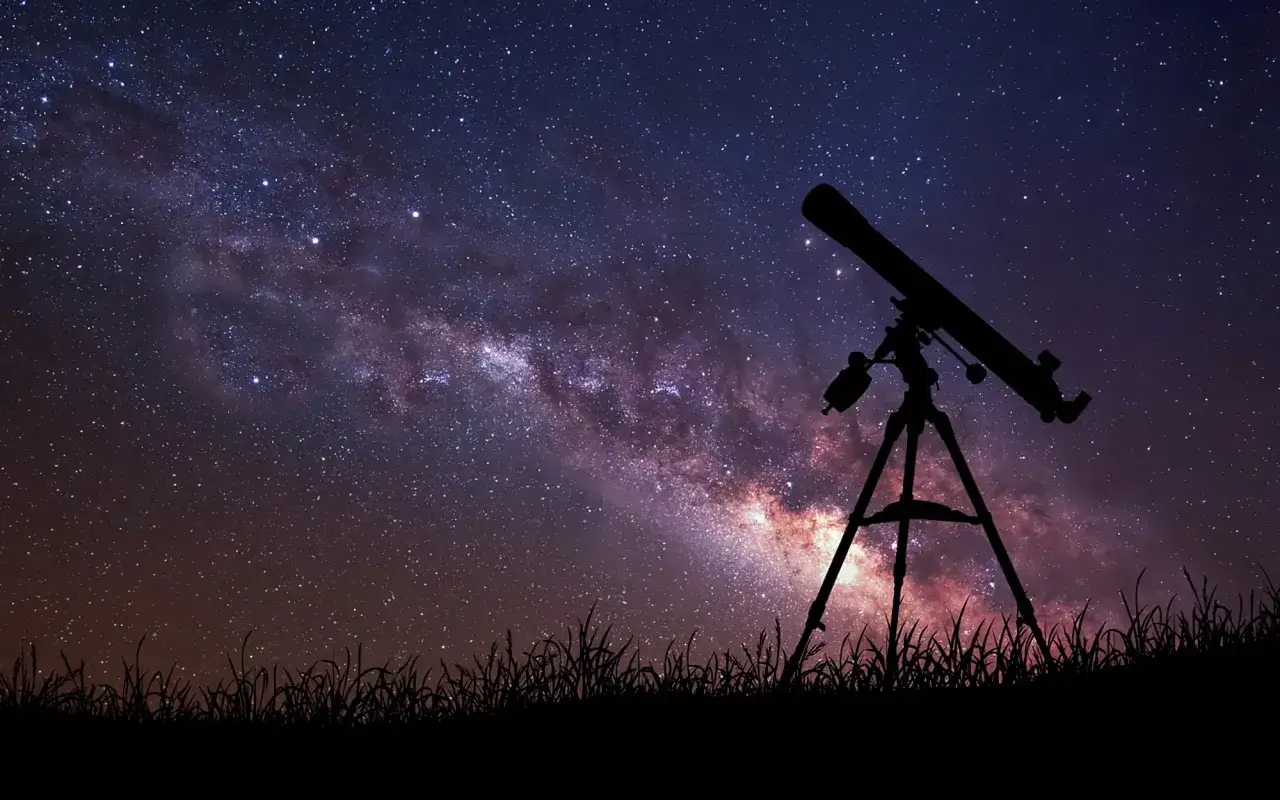 T&eacute;lescope point&eacute; vers la Voie lact&eacute;e, silhouette d'herbes au premier plan. On dirait que quelqu'un a une bonne &eacute;toile pour observer le cosmos.