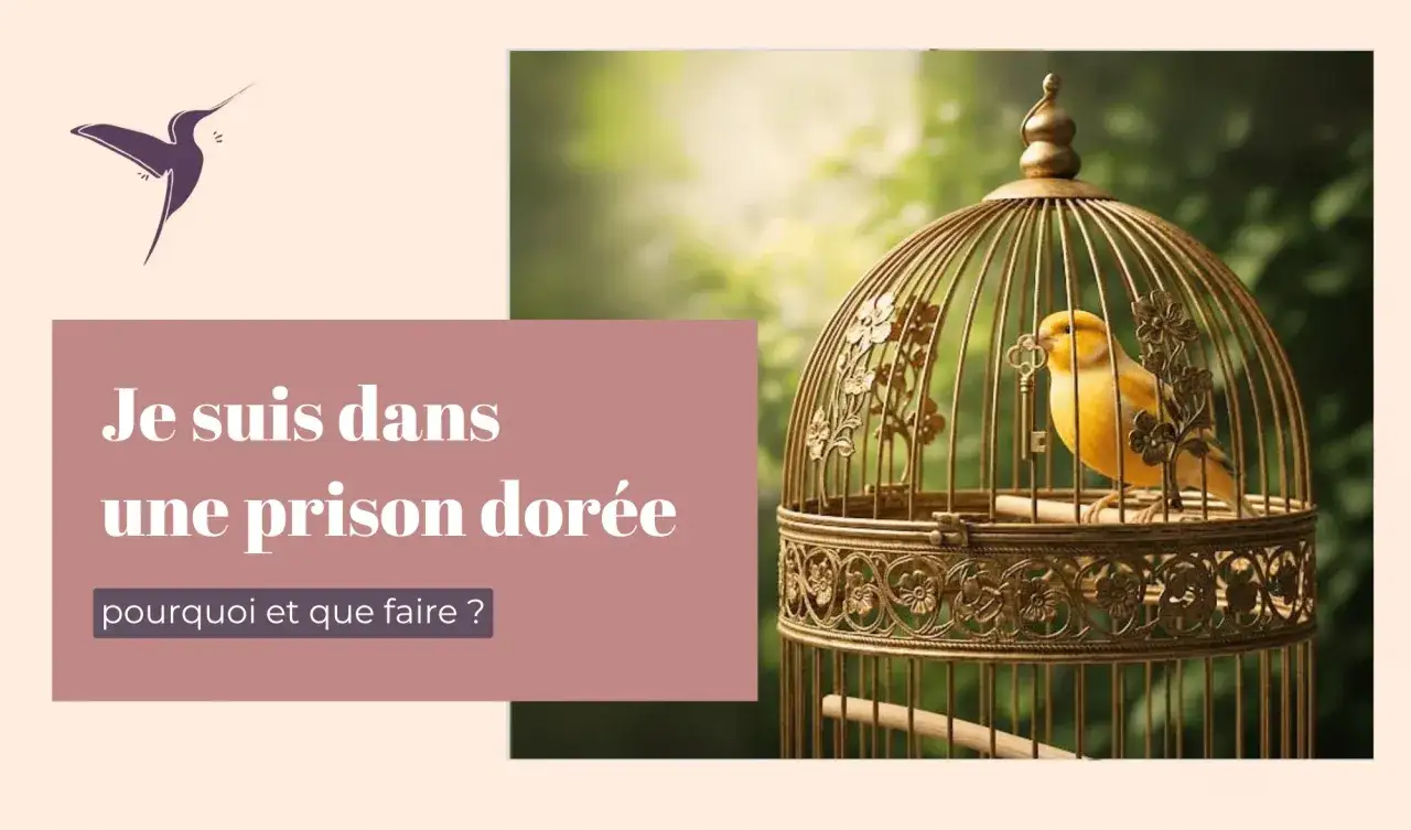 Un canari jaune est enferm&eacute; dans une cage dor&eacute;e orn&eacute;e, symbolisant une prison dor&eacute;e. Le texte demande : 