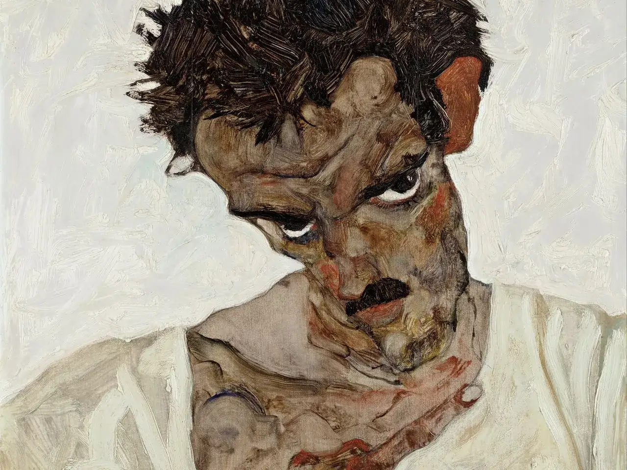 Portrait expressif d'un homme aux cheveux sombres et au regard intense, dans le style d'Egon Schiele.