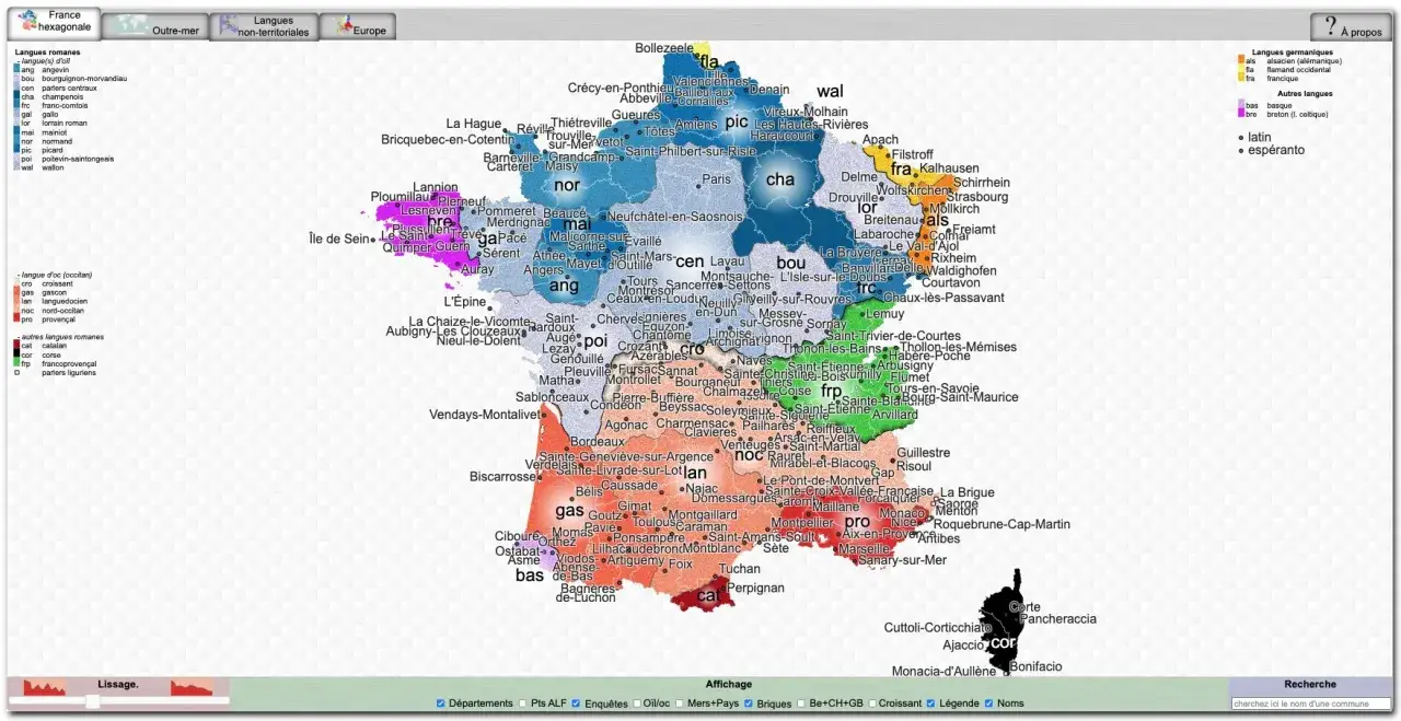 Carte des langues de France. Un as de la langue picarde est visible près de Paris.