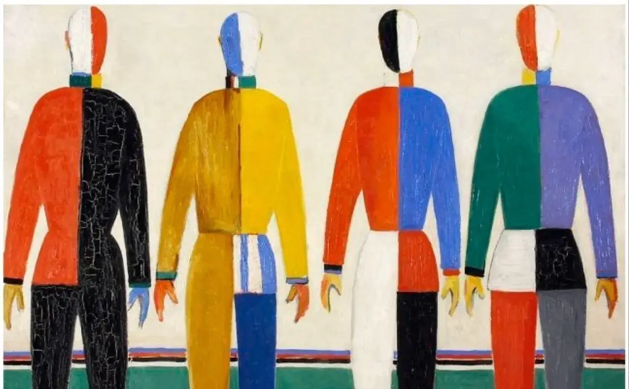 Quatre figures humaines stylisées, aux couleurs vives et contrastées, incarnent une définition avant-gardiste de la forme.