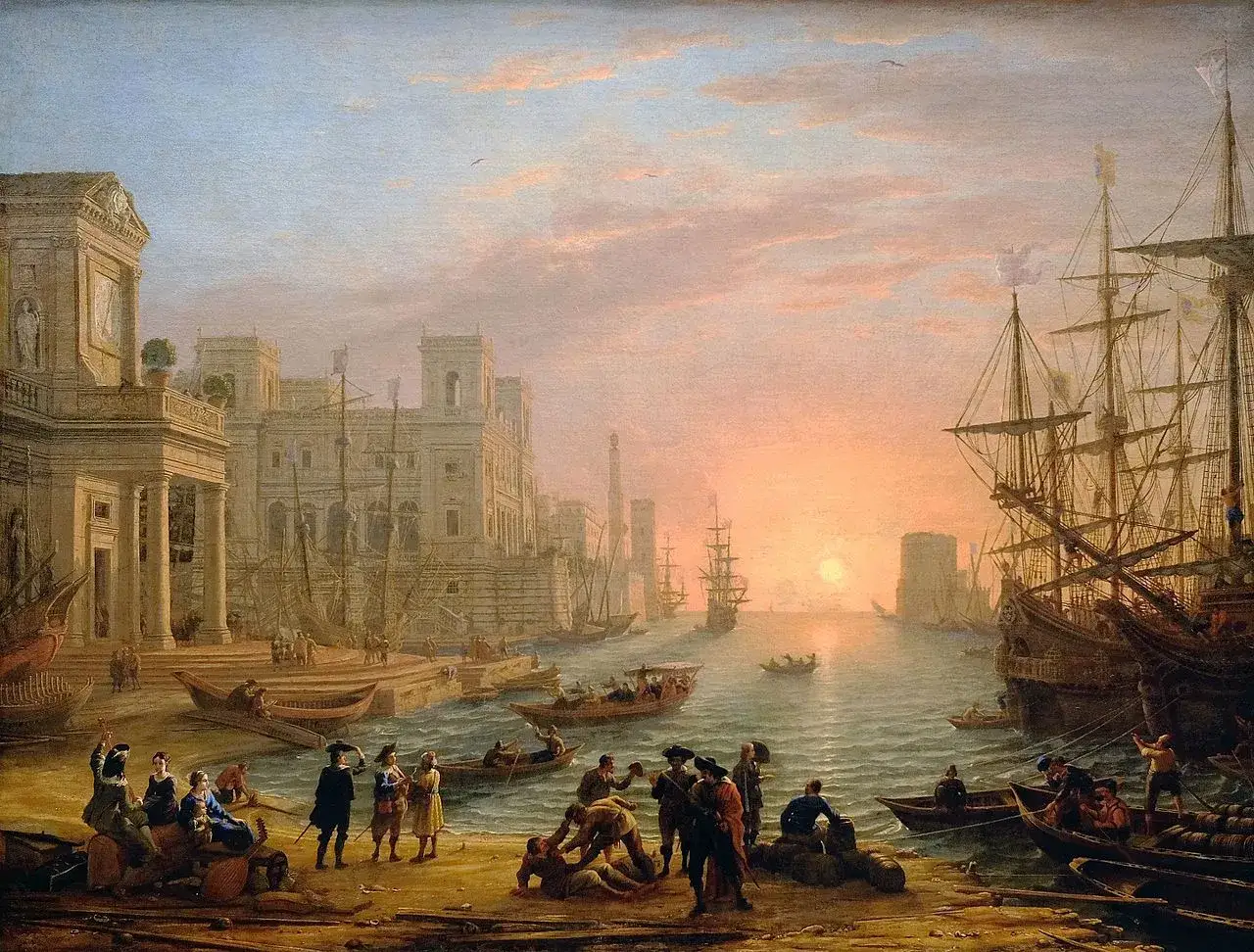 Une marine peinture d'un port anim&eacute; au coucher du soleil, avec des voiliers majestueux et des b&acirc;timents classiques.