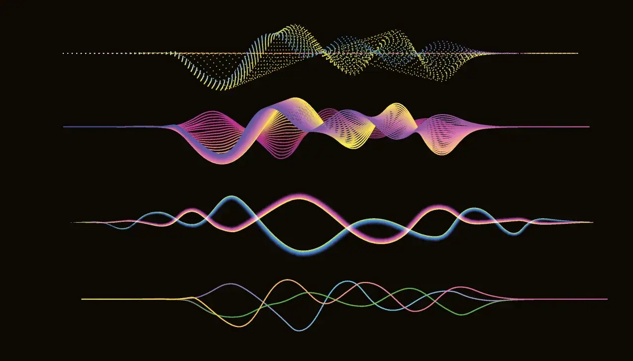 Quatre graphiques abstraits montrant des formes d'onde color&eacute;es, comme une expression de longueur d'onde.