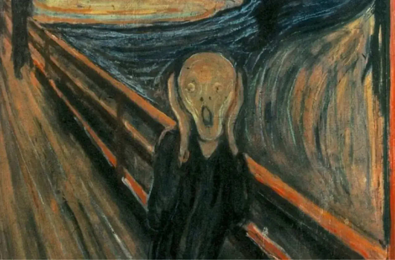 Le Cri d'Edvard Munch : une figure angoiss&eacute;e se bouche les oreilles sur un pont, le ciel tourment&eacute; refl&eacute;tant sa d&eacute;tresse.