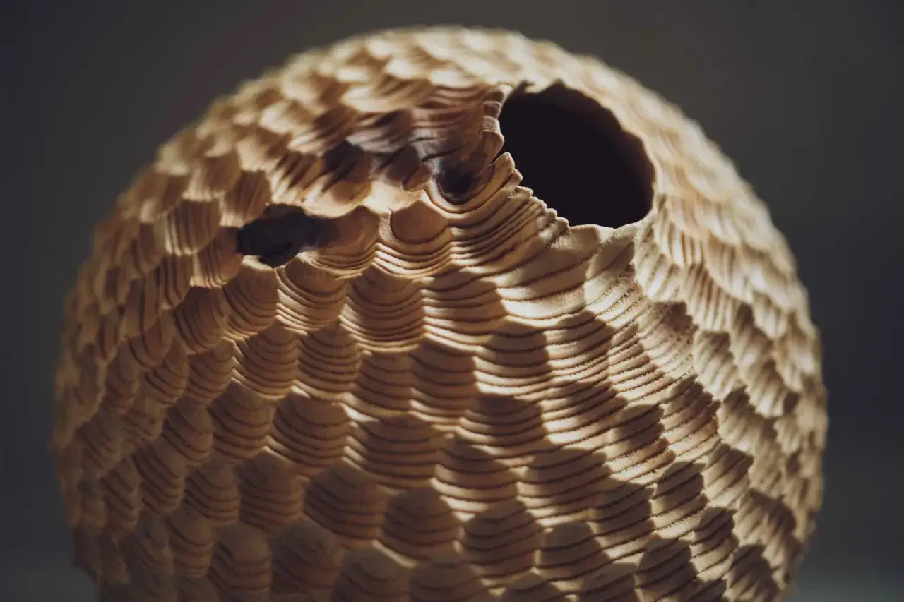 Vase en bois sculpté, évoquant le vide dans l'art par ses textures ondulées et son ouverture béante.