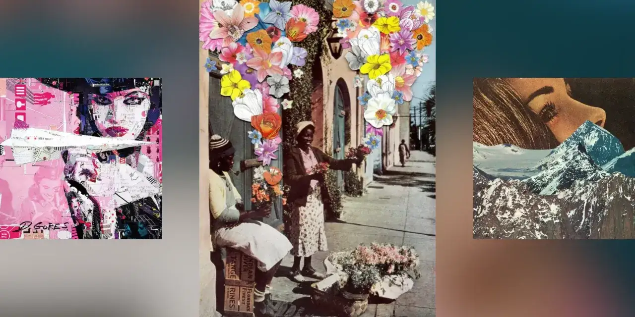 Collage pop art : un visage féminin audacieux, des vendeurs de fleurs dans une rue ensoleillée, et un regard rêveur sur des montagnes enneigées.