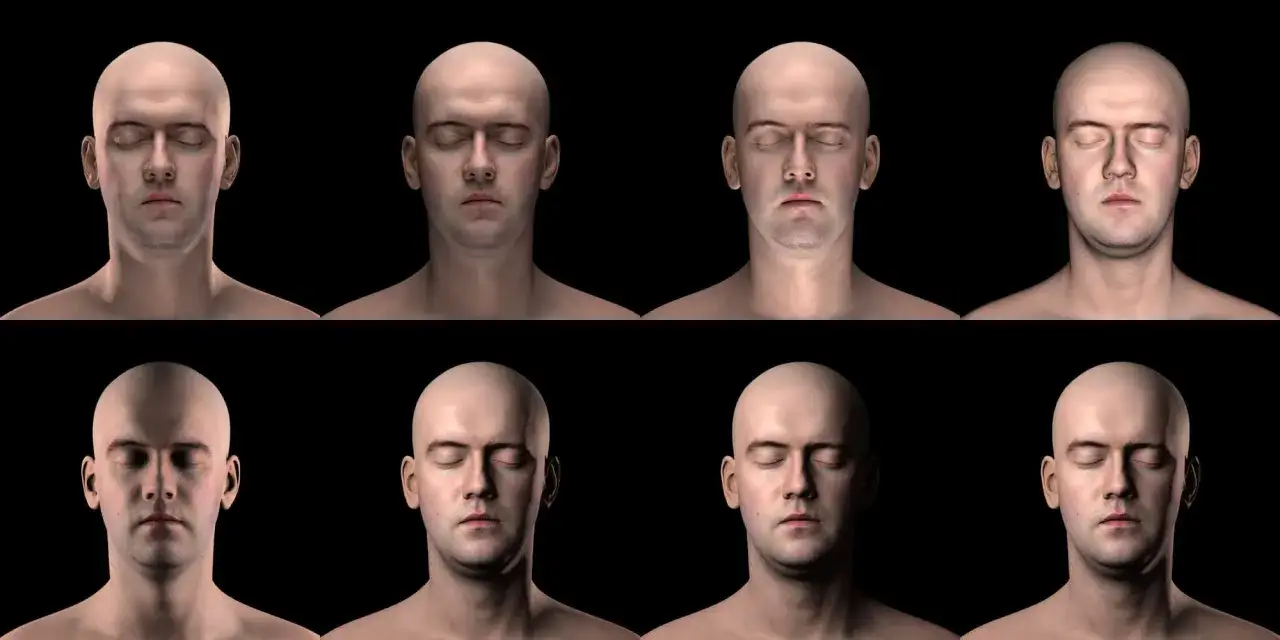 Huit visages chauves aux yeux ferm&eacute;s, pr&eacute;sent&eacute;s en deux rang&eacute;es. Une &eacute;tude de portrait num&eacute;rique explorant les variations subtiles de l'&eacute;clairage et des textures.