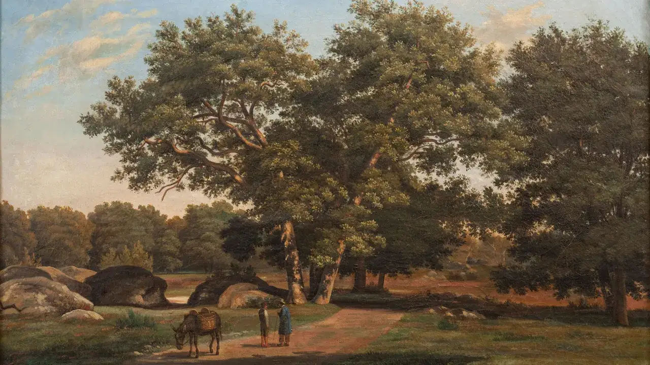 Paysage bucolique avec un âne et deux hommes, évoquant l'esprit de l'école de Barbizon et sa liste de peintres.