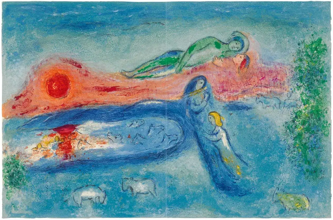 Un rêve aquatique et céleste, typique du peintre Chagall, avec des figures flottantes, des animaux et un soleil rougeoyant.