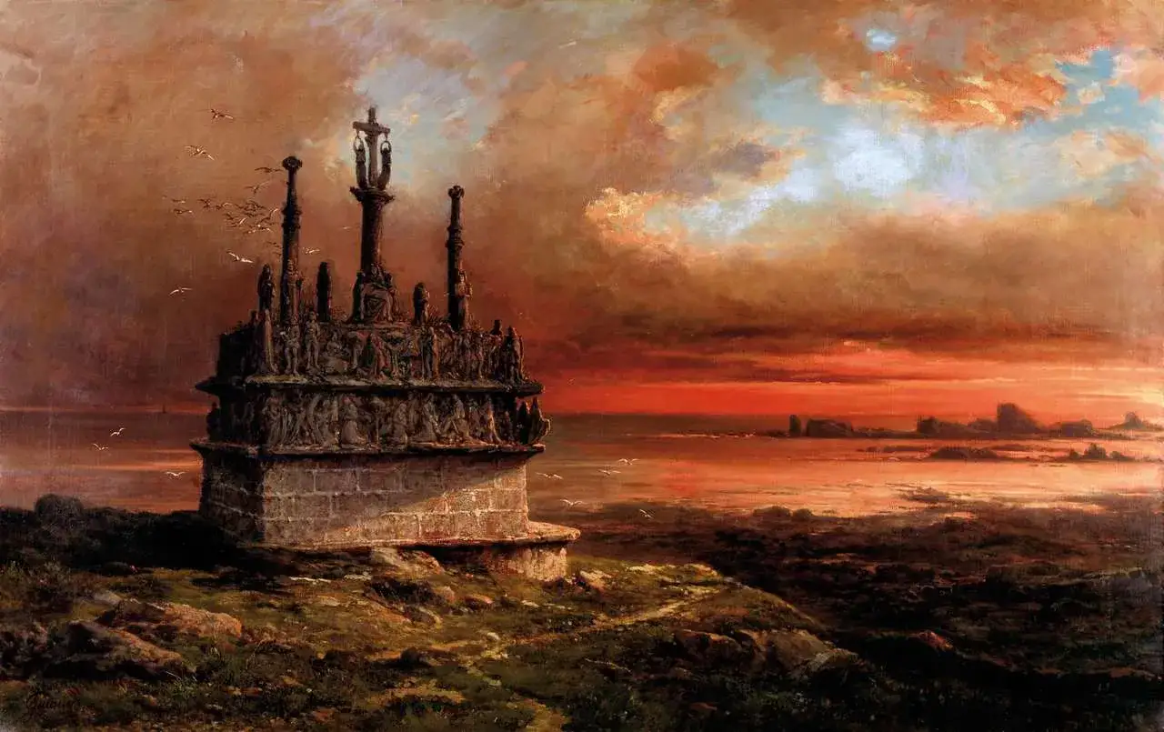 Un monument sculpté, baigné par un ciel de feu, évoque le réalisme d'une scène dramatique au bord de la mer. Des oiseaux survolent le paysage.
