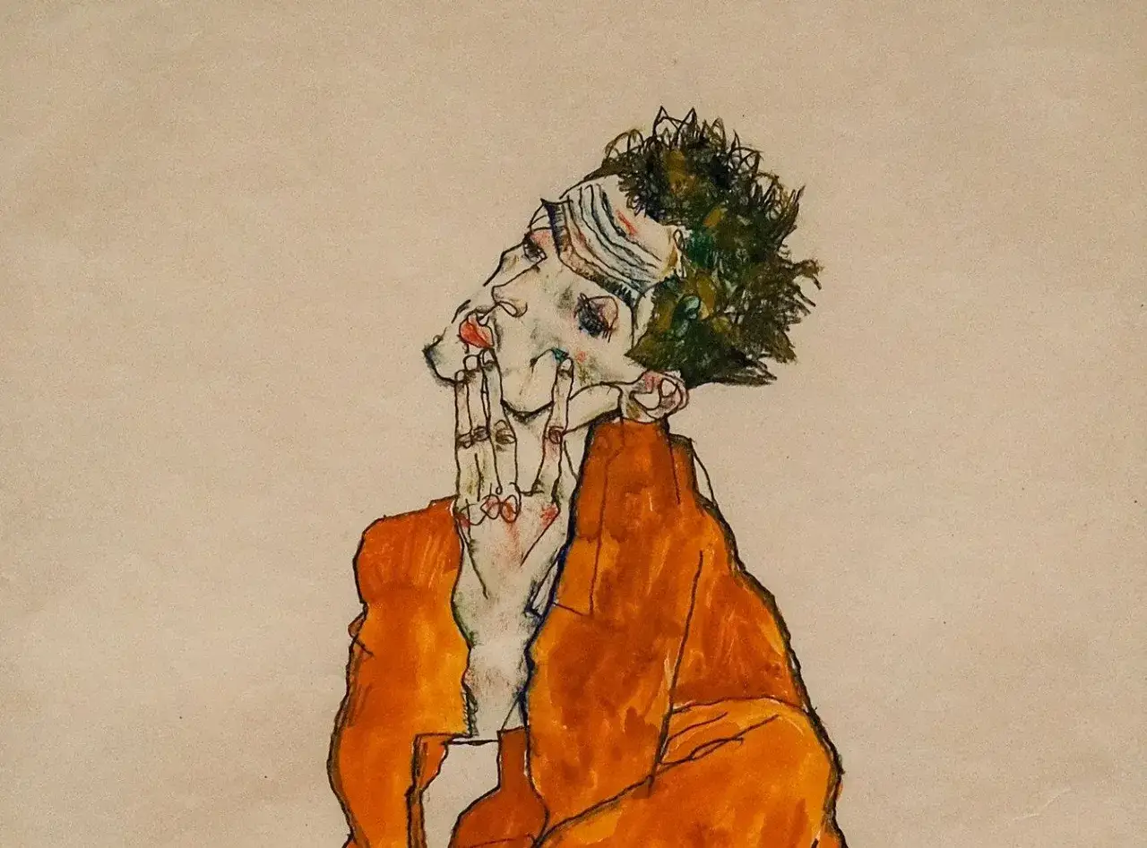 Autoportrait d'Egon Schiele, le visage pensif, une main sur la bouche, vêtu d'une veste orange.