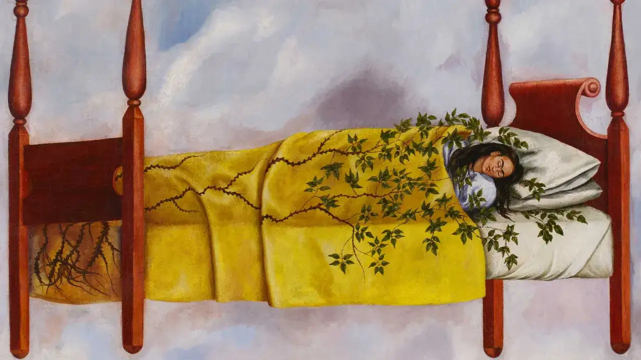 Frida Kahlo, dans une peinture connue, dort dans un lit, enlacée par des ronces.