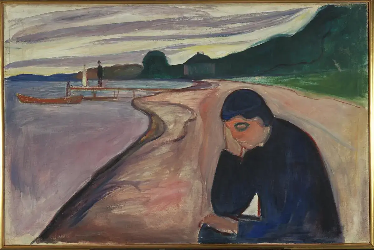 Une oeuvre d'art tristesse : une silhouette sombre, le visage caché dans ses mains, au bord d'une plage déserte. Le ciel tourmenté reflète son désespoir.