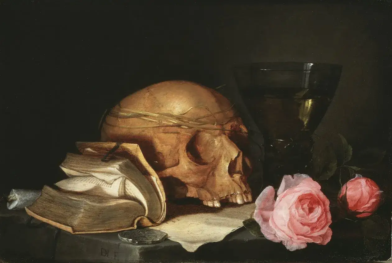 Une peinture sur la mort : un crâne couronné d'épines, un livre ouvert, une coupe sombre et des roses fanées. Vanités de la vie.