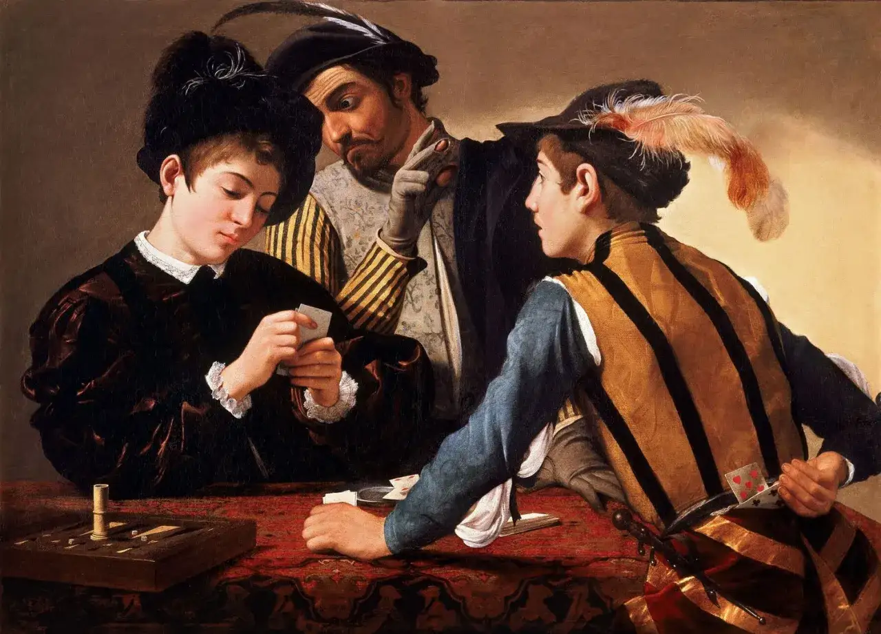 Scène de genre : un jeune homme joue aux cartes, un autre le regarde avec suspicion, tandis qu'un troisième, caché, triche.