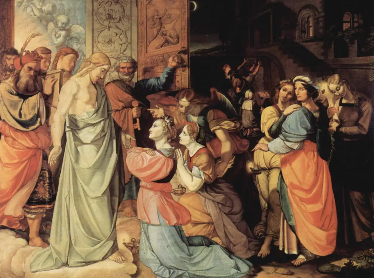 La création du monde tableau : Christ bénit des femmes, tandis qu'un homme ouvre une porte sur une scène nocturne.