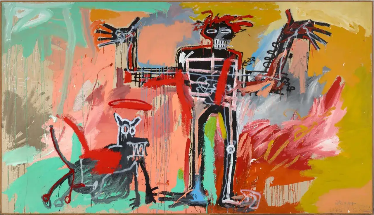 Un squelette aux bras levés, un chien noir et une figure rouge, parmi d'autres symboles, composent ces œuvres majeures de Basquiat.