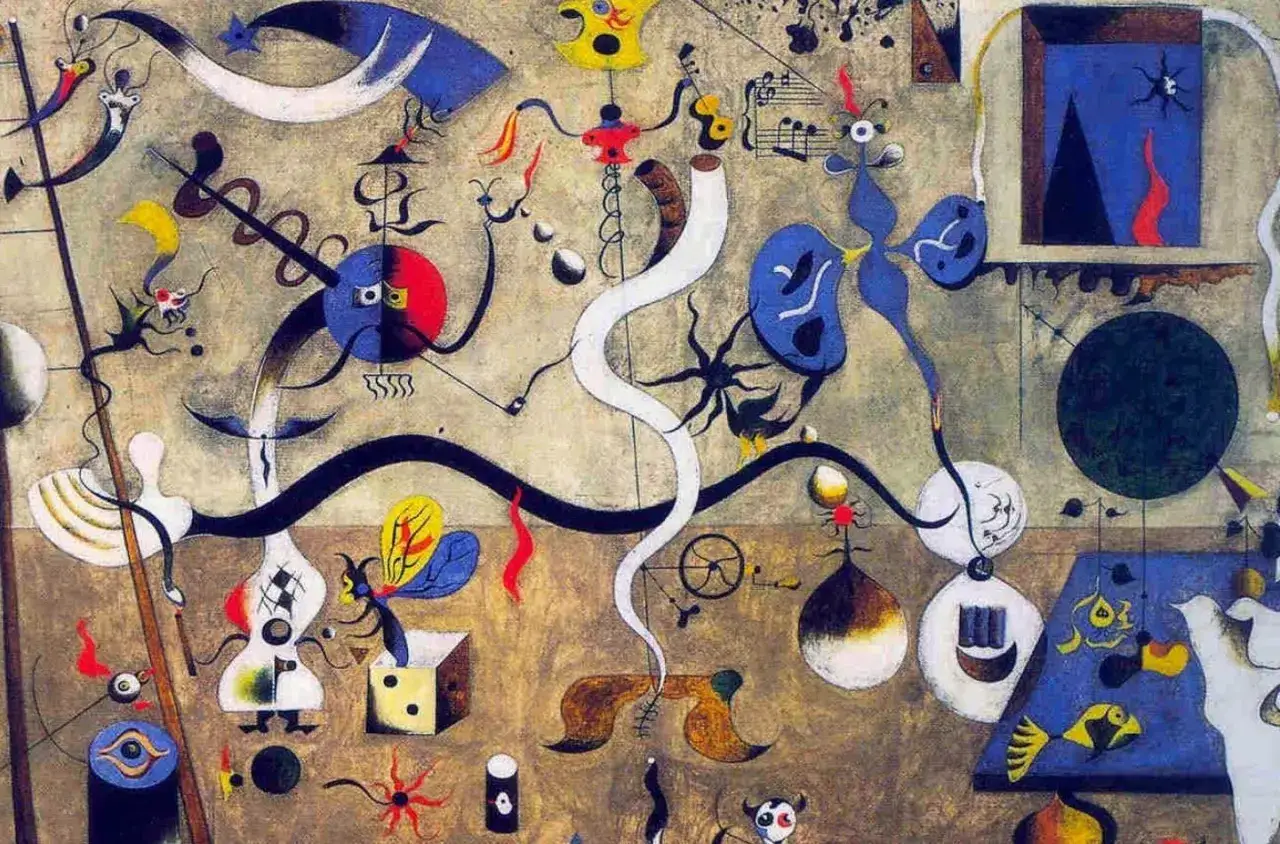 Œuvre de l'artiste Miro, une composition surréaliste pleine de formes organiques, de couleurs vives et de symboles énigmatiques, évoquant un monde onirique.