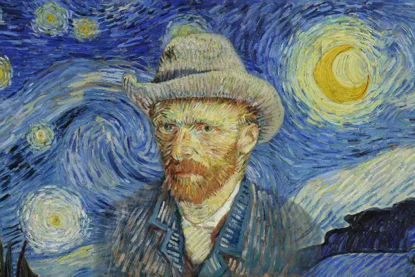 Portrait de Vincent van Gogh, peintre, sous un ciel étoilé tourbillonnant. La lune jaune brille.